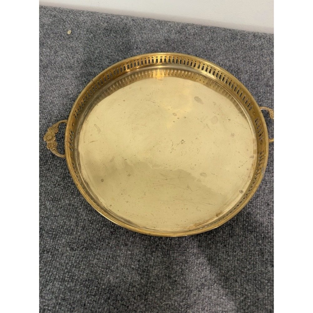 Vintage 13 Inch Diameter Brass Drink Tray With Two Handles And Fence Style Rim